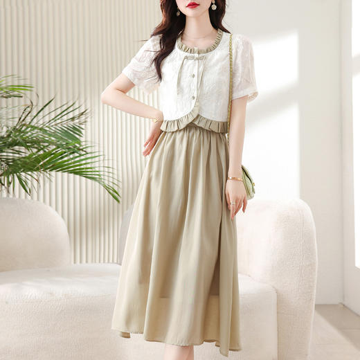 AHM-8832新中式女装夏季新款气质简约拼接显瘦盘扣衬衫半身裙时尚套装 商品图0