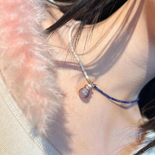 [青石幻境精油香氛项链]纯银蓝色青金石淡水珍珠串珠项链轻奢小众项链锁骨链【长度（cm）：40+3（延长链）】 商品图5