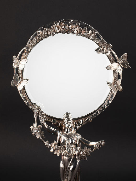 独角鹿西洋古董1900年代欧洲出品新艺术风格蝴蝶与少女主题铜镀银梳妆镜 商品图2