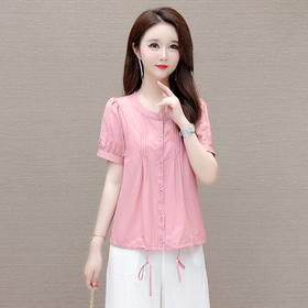 QYM-2214韩版圆领雪纺开衫夏款短款褶皱纯色洋气修身时尚短袖小衫