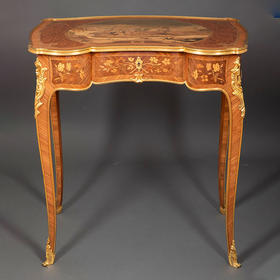 独角鹿西洋古董1850-1870年代法国出品路易十五风格铜鎏金修饰阿卡迪亚风景主题细木镶嵌边桌