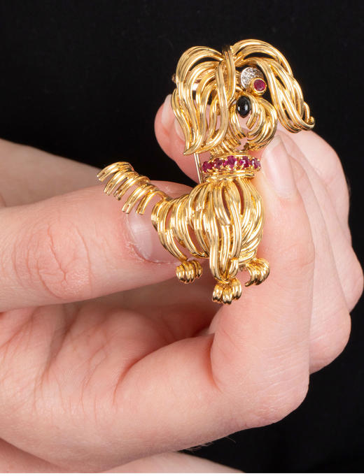 独角鹿西洋古董1960年代法国出品18K黄金镶嵌红宝石钻石珐琅精雕约克夏㹴犬造型胸针 商品图1