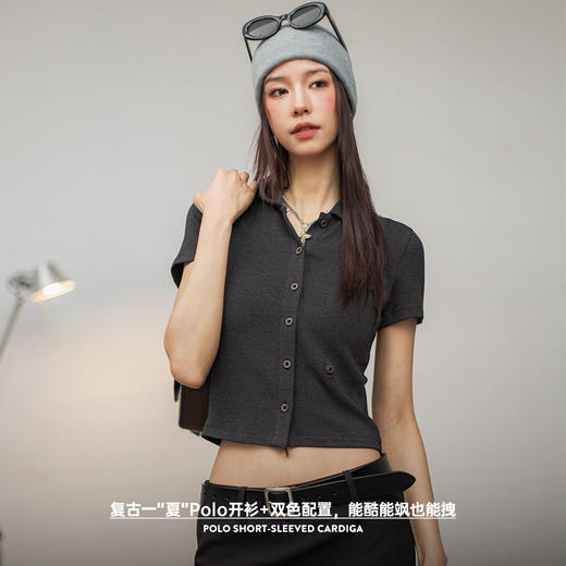 马登复古立领polo短袖修身短款正肩针织开衫辣妹露腰显瘦上衣夏女 商品图1