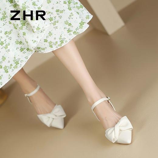ZHR则则尖头粗跟凉鞋女2024新款时尚百搭蝴蝶结包头凉鞋气质女鞋 商品图4