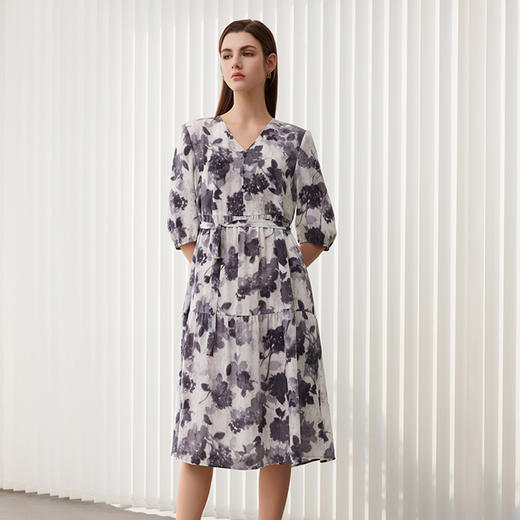 【系带拼接真丝连衣裙】24年春夏新品100%桑蚕丝V领系带连衣裙 商品图0