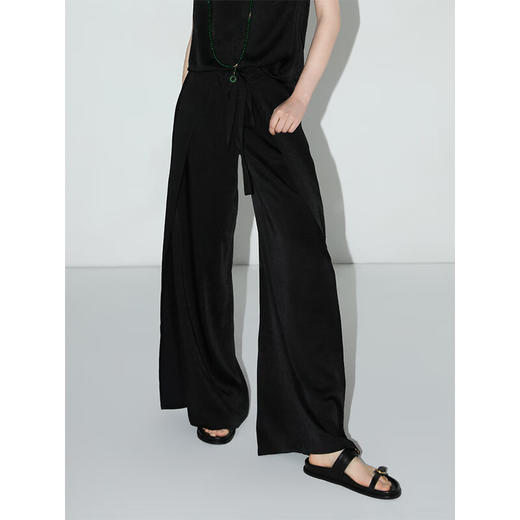 COCOBELLA静奢风肌理缎面飞片开叉阔腿裤垂坠直筒裤PA0013-2 商品图1