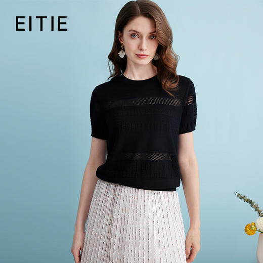 EITIE爱特爱夏季新款舒适弹力修身短袖薄款镂空针织衫上衣B2401320 商品图0