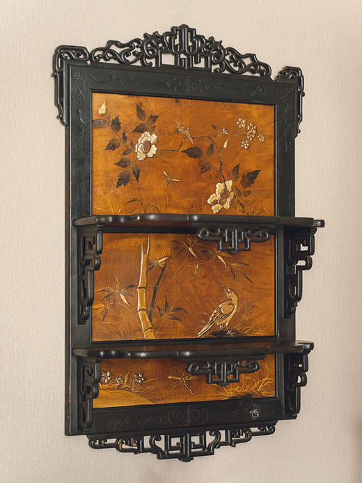 【已售】独角鹿西洋古董20世纪初法国出品东方风格传统花鸟主题漆绘祥纹镂雕壁挂 商品图1