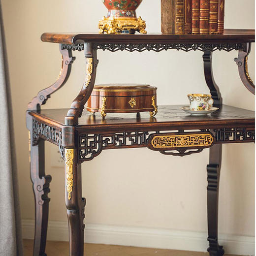 【已售】独角鹿西洋古董19世纪法国出品VIARDOT东方风格传统花鸟人物主题母贝镶嵌铜鎏金装饰双层茶桌 商品图2