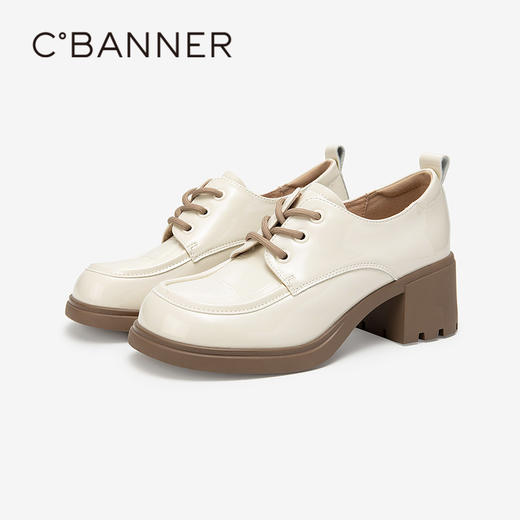 千百度粗高跟厚底牛津鞋女春季JK黑色小皮鞋深口通勤单鞋A24110304 商品图1