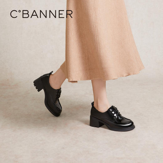 千百度粗高跟厚底牛津鞋女春季JK黑色小皮鞋深口通勤单鞋A24110304 商品图4