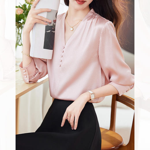 真丝衬衫V领纯色洋气桑蚕丝小衫LS-1191 商品图1