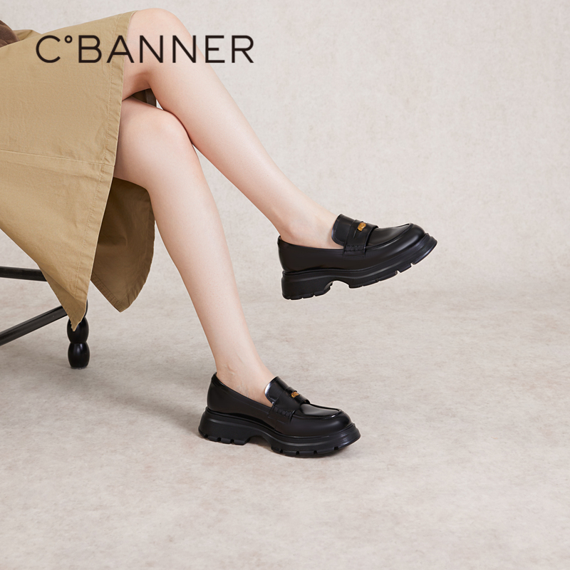 千百度女鞋春季厚底乐福鞋黑色小皮鞋英伦风豆豆鞋通勤A24125715