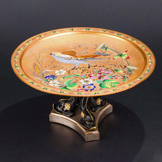 独角鹿西洋古董1890年代法国出品东方风格花鸟主题珐琅彩绘铜鎏金赏盘 商品图0