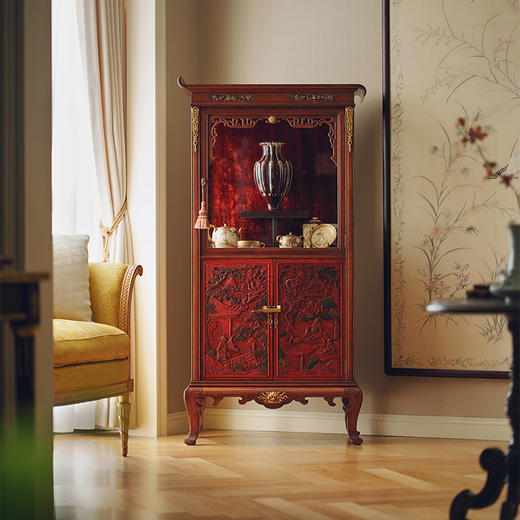 【已售】独角鹿西洋古董1880年代法国出品东方风格雕漆人物山水楼阁饰板螺钿镶嵌铜鎏金装饰展柜 商品图0