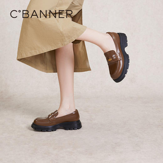 千百度女鞋春季厚底乐福鞋黑色小皮鞋英伦风豆豆鞋通勤A24125715 商品图2