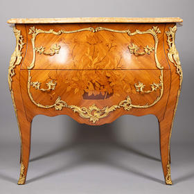 独角鹿西洋古董20世纪法国出品路易十五风格铜鎏金精雕镶嵌花卉主题细木镶嵌斗柜