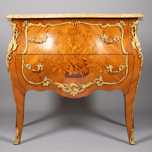 独角鹿西洋古董20世纪法国出品路易十五风格铜鎏金精雕镶嵌花卉主题细木镶嵌斗柜 商品图0