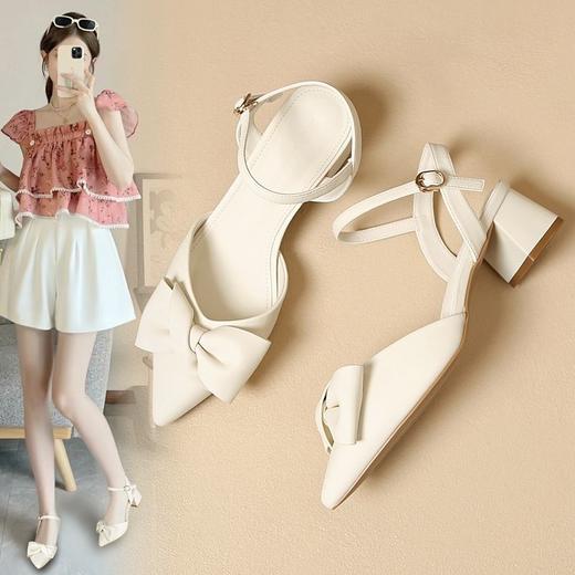 ZHR则则尖头粗跟凉鞋女2024新款时尚百搭蝴蝶结包头凉鞋气质女鞋 商品图0