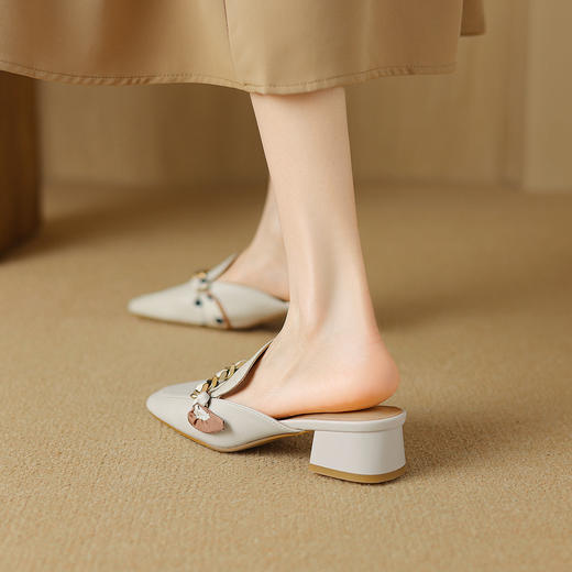 阿么手工女鞋夏季丝带穆勒半拖真皮3.5CM时尚复古百搭法式粗跟鞋子 商品图3