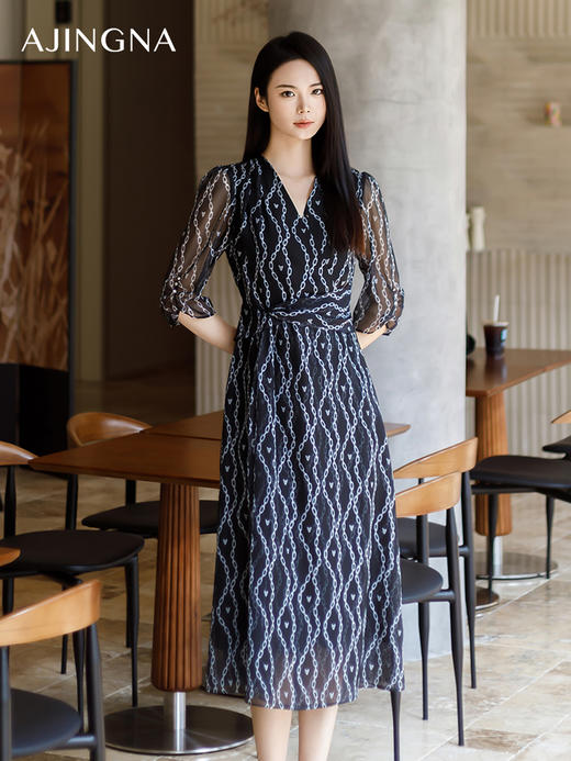 【商场同款】阿菁娜夏季新款V领收腰连衣裙A30X112095 商品图0