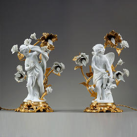 独角鹿西洋古董19世纪晚期法国名出品古希腊「爱神厄洛斯与达芙妮」主题素胎瓷鎏金装饰台灯一对