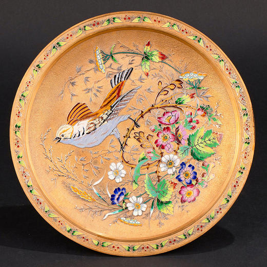 独角鹿西洋古董1890年代法国出品东方风格花鸟主题珐琅彩绘铜鎏金赏盘 商品图1