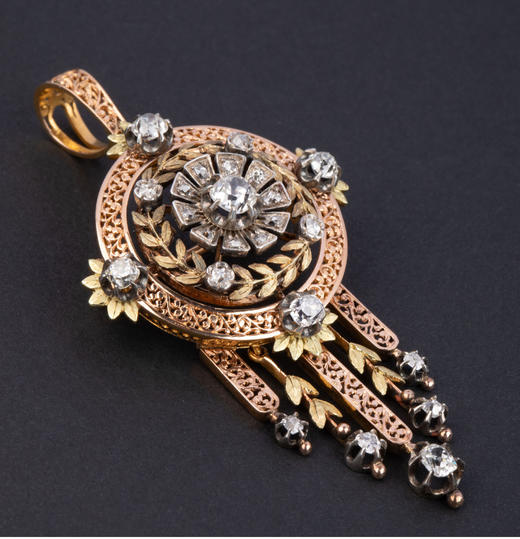 独角鹿西洋古董1870年代法国出品月桂花环主题金银双色镶嵌钻石吊坠及耳环套件 带原盒 商品图1