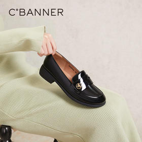 千百度真皮深口乐福鞋女春季黑色小皮鞋通勤豆豆鞋正装A24143810