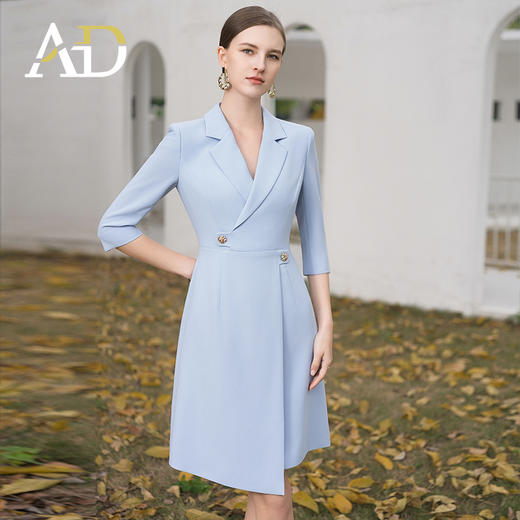 AD天蓝色通勤西装连衣裙女2024新款七分袖交叉腰带职业西服裙收腰 商品图3
