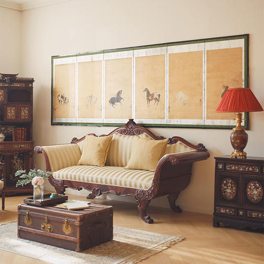 【已售】独角鹿西洋古董16世纪晚期至17世纪初期日本室町时代或安土桃山时代出品骏马主题六曲屏风 商品图0