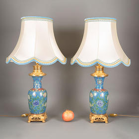 独角鹿西洋古董19世纪法国出品铜鎏金精雕底座嵌花蝶纹掐丝珐琅瓷瓶布面灯罩台灯一对