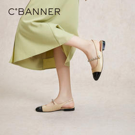 千百度低跟小香风时装凉鞋女款夏季后空包头羊皮凉鞋通勤A24217509