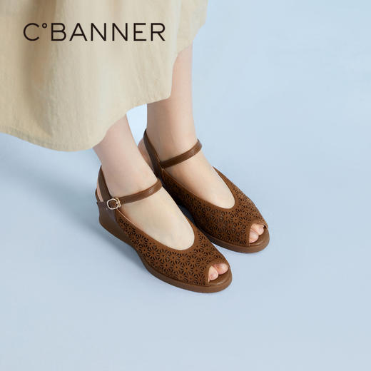 千百度复古镂空鱼嘴鞋女夏季坡跟雕花真皮凉鞋女A24380730 商品图0