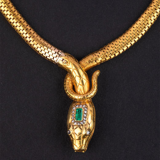 独角鹿西洋古董1920年代法国出品18K黄金铂金镶嵌钻石及祖母绿灵蛇项链 商品图2