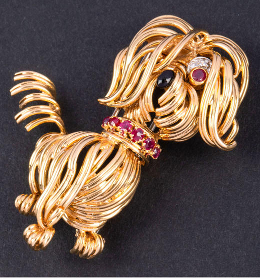 独角鹿西洋古董1960年代法国出品18K黄金镶嵌红宝石钻石珐琅精雕约克夏㹴犬造型胸针 商品图2