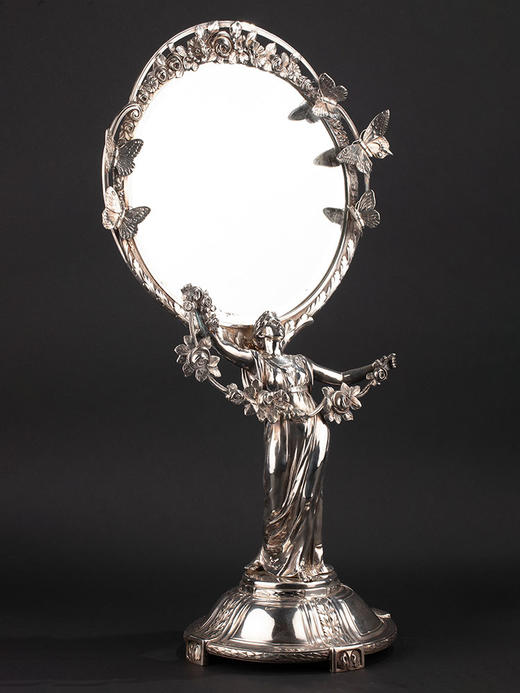 独角鹿西洋古董1900年代欧洲出品新艺术风格蝴蝶与少女主题铜镀银梳妆镜 商品图1