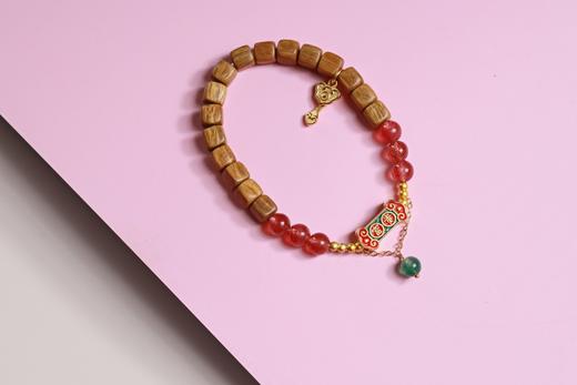 LT0015°绿檀四方来财珠|粉草莓如意吊坠手链手串 商品图0