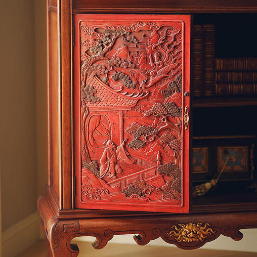 【已售】独角鹿西洋古董1880年代法国出品东方风格雕漆人物山水楼阁饰板螺钿镶嵌铜鎏金装饰展柜 商品图2