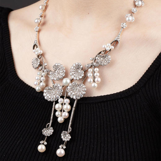 独角鹿西洋古董1900年代法国出品新艺术风格18k黄金白银镶嵌钻石及天然海水珍珠项链 商品图1