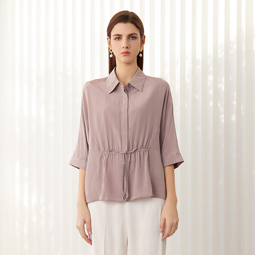 【七分袖真丝衬衫】24年春夏新品女士100%桑蚕丝时尚系带上衣 商品图0