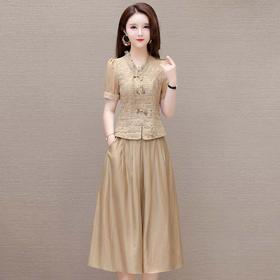 QYM 1712453-Y中式连衣裙两件套短袖复古网纱缕空花小衫+高腰半身裙套裙