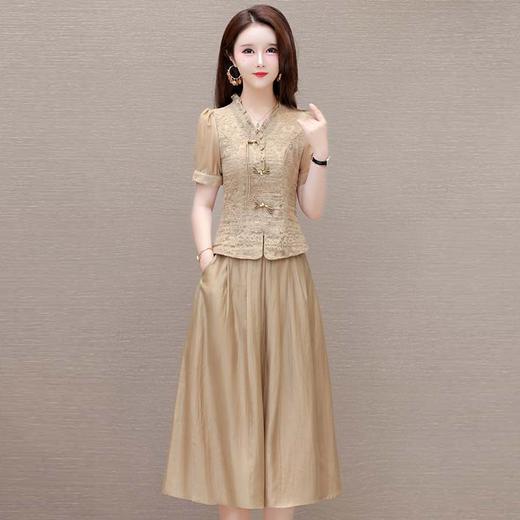 QYM 1712453-Y中式连衣裙两件套短袖复古网纱缕空花小衫+高腰半身裙套裙 商品图0