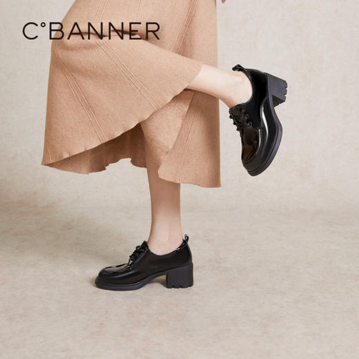千百度粗高跟厚底牛津鞋女春季JK黑色小皮鞋深口通勤单鞋A24110304 商品图0