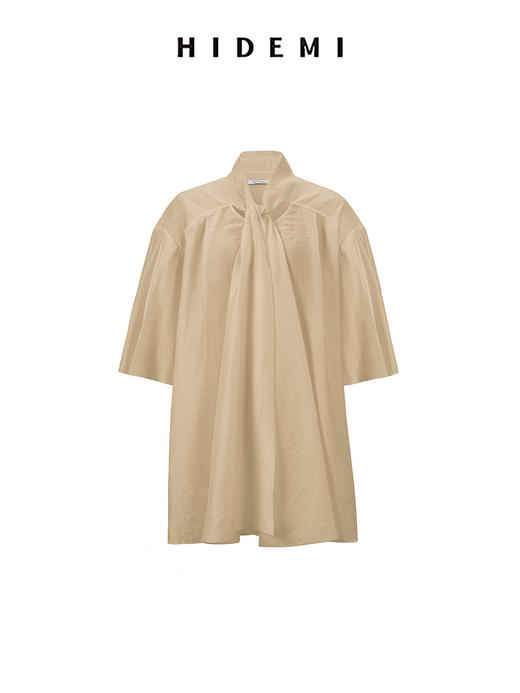 HIDEMI 柔顺微褶皱透气天丝丝巾设计感多穿纽扣廓形六分袖衬衫 燕麦栗子色/文艺灰蓝 商品图6