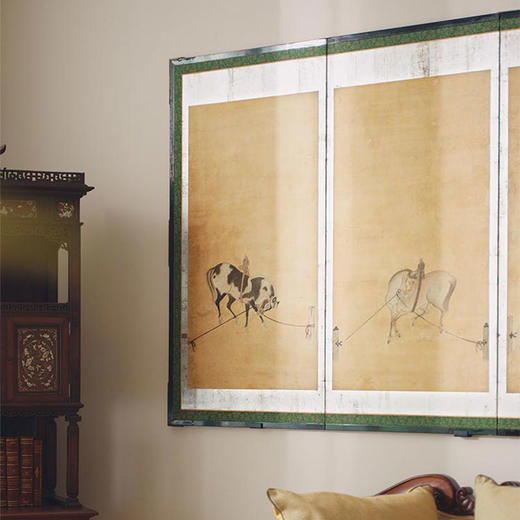 【已售】独角鹿西洋古董16世纪晚期至17世纪初期日本室町时代或安土桃山时代出品骏马主题六曲屏风 商品图1