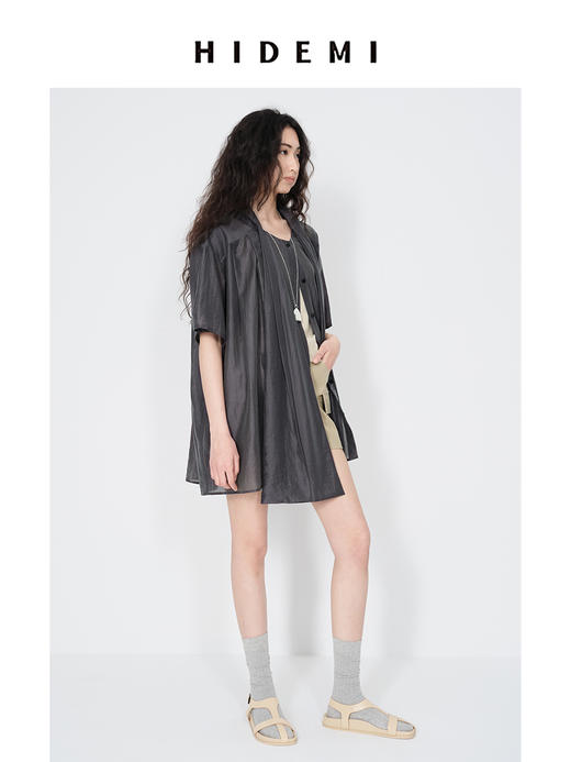 HIDEMI 柔顺微褶皱透气天丝丝巾设计感多穿纽扣廓形六分袖衬衫 燕麦栗子色/文艺灰蓝 商品图4