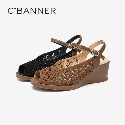 千百度复古镂空鱼嘴鞋女夏季坡跟雕花真皮凉鞋女A24380730 商品图1