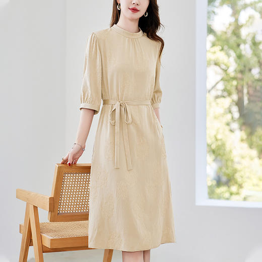 QS-82497030冠乐绉重磅真丝连衣裙夏季短袖圆领系带高端桑蚕丝 商品图3