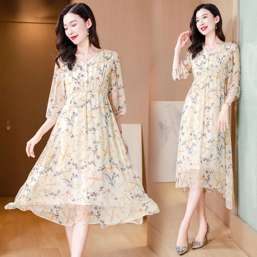 ASE-25012夏季印花V领气质知性百搭真丝连衣裙 商品图2